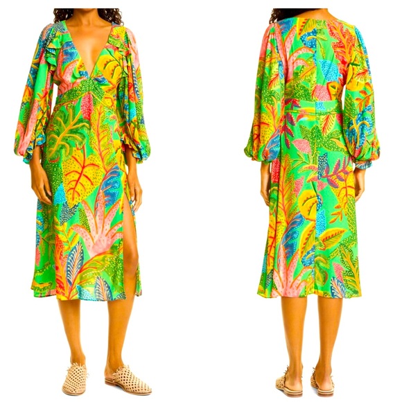 Farm rio forest green dress midi puffy sleeves size small 4 6 - Picture 2 of 11